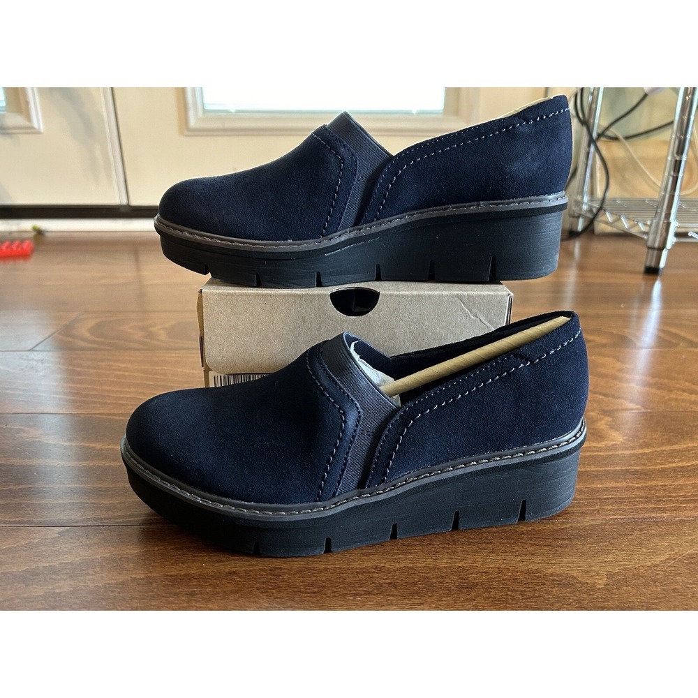 Clarks Airabell Mid Navy Suede Wedges Leather Closed Toe NEW Size 8 N - Picture 3 of 8
